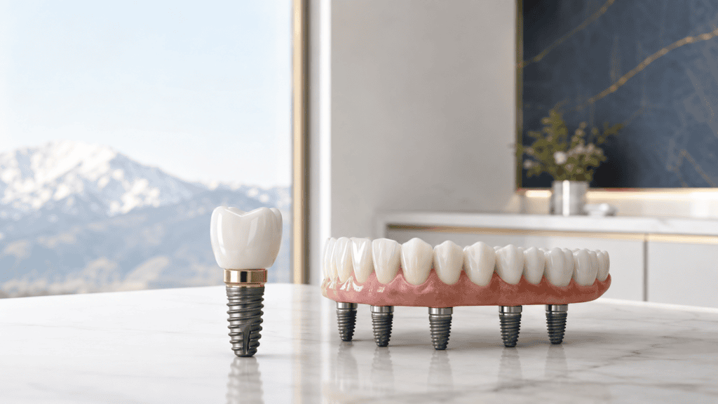 Single dental implant beside a full-arch implant restoration.