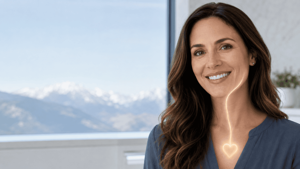 Smiling woman with a glowing connection between her smile and heart.